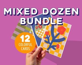 Paquete de doce tarjetas de felicitación variadas / Tarjetas artísticas multiusos / Juego de papelería moderna y caprichosa de 12 tarjetas / Pequeña empresa / Envío gratuito