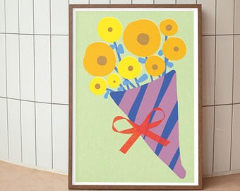 Impresión artística digital de ramo floral colorido para sala de estar, cocina y pared de galería. Arte de pared imprimible moderno. Decoración fácil de intercambiar según la temporada.