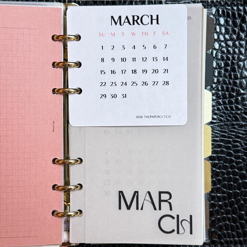 May include: A planner insert featuring a white card with the text MARCH and a calendar for the month, held by gold rings. Below is a translucent page with the text MAR CH. To the left is a pink grid page. The text 2026 THEPAPERCUT.CO is visible.