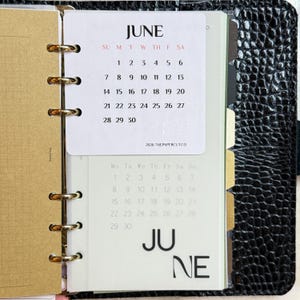 May include: A black textured binder with gold rings holding a June 2026 calendar page. The white page displays the month, days of the week, and dates in black and red text, with the text 2026 THEPAPERCUT.CO printed at the bottom of the calendar.