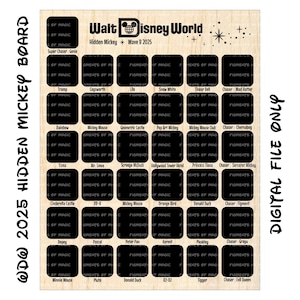 May include: Wooden Disney World Hidden Mickey Board for 2025, featuring character names like Genie, Snow White, and Mickey Mouse. Includes the text "DIGITAL FILE ONLY".