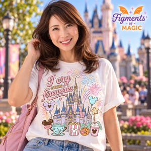 Peut inclure: Un t-shirt blanc à manches courtes avec un motif coloré représentant un château, des feux d'artifice et divers en-cas. Le texte indique I cry during fireworks. Le design inclut des ballons pastel, une tasse, du pop-corn et une boisson.