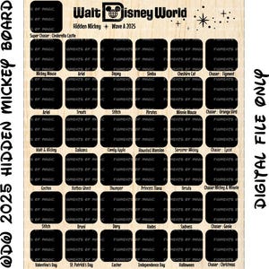 May include: Wooden Disney World Hidden Mickey board with various character names and event dates. Includes text "Walt Disney World Hidden Mickey Wave A 2025" and "Digital File Only". Features squares for collecting Hidden Mickeys.