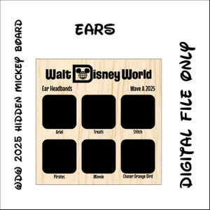 以下が含まれることがあります： 「EARS」と「Walt Disney World」の文字がプリントされた木製のボード。 「Ariel」や「Stitch」などのラベルが付いた6つの黒い正方形があります。「WDW 2025 HIDDEN MICKEY BOARD」と「DIGITAL FILE ONLY」の文字も表示されています。