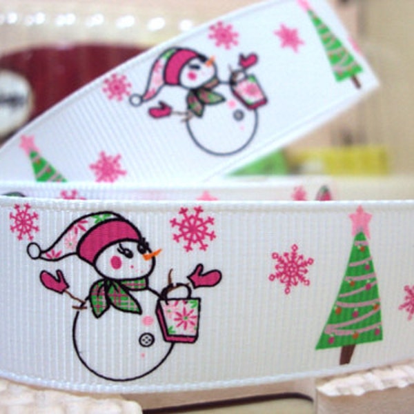 7/8 Pink Snow Girl Grosgrain Christmas ribbon