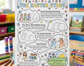 Op de afbeelding: Een zwart-wit geïllustreerde poster getiteld "The Easter Story" met zes scènes die de opstanding van Jezus uitbeelden. De poster bevat tekst en afbeeldingen van het graf, engelen en Jezus die aan zijn vrienden verschijnt. De poster is ontworpen om in te kleuren.