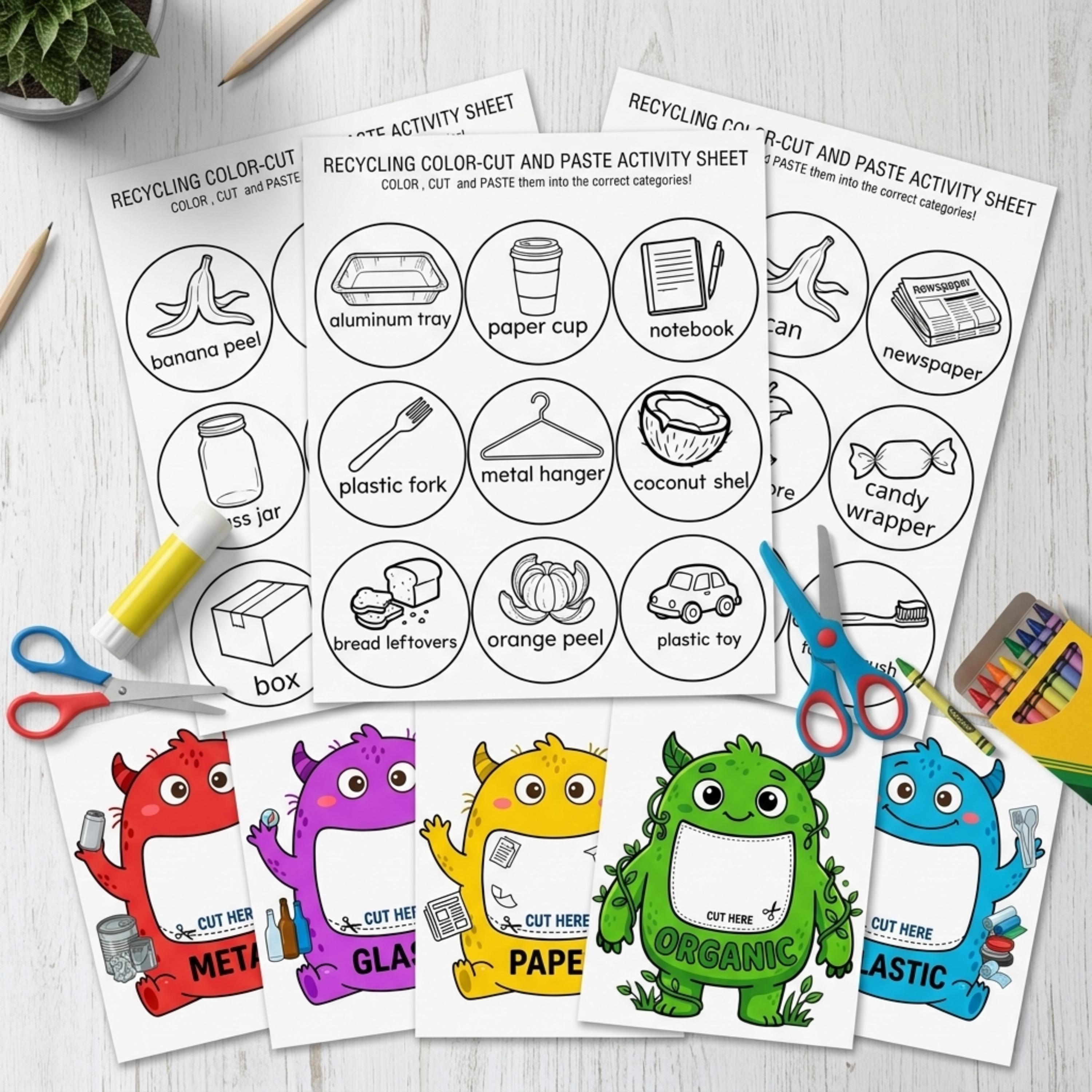 Recycling Activity for Kids Printable | Earth Day Cut and Paste Craft ...