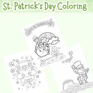 Peut inclure: Pages à colorier sur le thème de la Saint-Patrick, en noir et blanc, avec des leprechauns, des chaudrons d'or, des arcs-en-ciel et des trèfles. Le texte en haut de l'image indique "St. Patrick's Day Coloring".