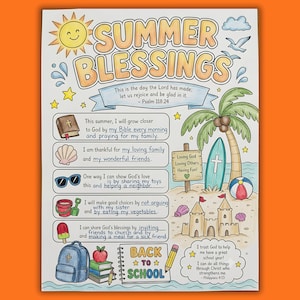 Christian Back to School Printable | Summer Blessings Bible Reflection Worksheet for Kids | Psalm , Philippians 4:13 | Sunday School PDF