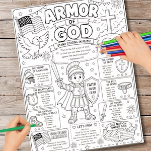 Peut inclure: Page à colorier en noir et blanc intitulée "Armure de Dieu" avec des illustrations d'un soldat, du drapeau américain et de symboles religieux. Comprend du texte d'Éphésiens 6:11 et d'autres versets bibliques. Une main tient des crayons de couleur.