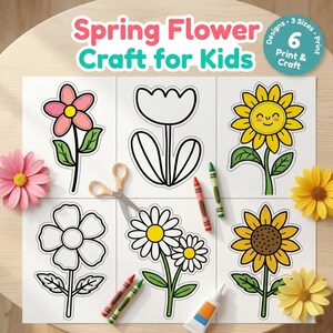 Peut inclure: Un kit d'artisanat pour enfants avec six modèles de fleurs, dont un tournesol et une marguerite, avec le texte "Spring Flower Craft for Kids". Le kit comprend 3 tailles et est pour les activités d'impression et d'artisanat. Des crayons et de la colle sont également visibles.