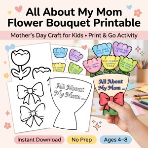 Peut inclure: Un bricolage imprimable pour la fête des mères pour enfants. L'image montre un bouquet de fleurs avec le texte "All About My Mom" et des notes en forme de fleurs avec des phrases comme "She plays with me".