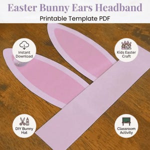 Peut inclure: Un modèle imprimable de bandeau avec des oreilles de lapin de Pâques. Le design présente des oreilles de lapin roses avec un contour blanc et un bandeau rose clair. Le texte comprend "Téléchargement instantané", "Bricolage de Pâques pour enfants".