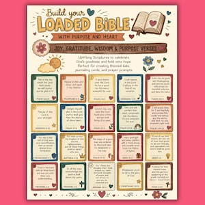 Peut inclure: Une feuille imprimable intitulée Build your LOADED BIBLE WITH PURPOSE AND HEART, présentant vingt carrés numérotés contenant des versets bibliques. Le design inclut des illustrations d'un livre ouvert, d'un soleil, de fleurs et de cœurs.