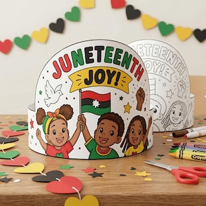Peut inclure: Deux couronnes en papier sur le thème du Juneteenth avec les mots "Juneteenth Joy!" et des illustrations d'enfants, d'une colombe et d'un drapeau. Une couronne est colorée, l'autre est une page à colorier. Des confettis en forme de cœur et d'étoile colorés et des crayons sont éparpillés.