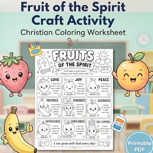 Può includere: Un foglio di lavoro da colorare cristiano intitolato "Fruit of the Spirit Craft Activity" con frutta dei cartoni animati e testo. Il foglio di lavoro include le parole "Amore", "Gioia", "Pace", "Pazienza", "Gentilezza", "Bontà", "Fedeltà", "Mitezza" e "Autocontrollo".
