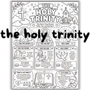 May include: Black and white line art illustration of the Holy Trinity, featuring the Father, Son, and Holy Spirit. Includes a cross, church, dove, and Bible, with text explaining the Trinity and a prayer.