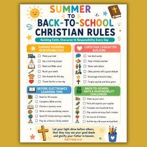 Summer to Back-to-School Christian Rules Checklist Printable | Christian Kids Routine Chart | Bible Activities & Responsibility Tracker