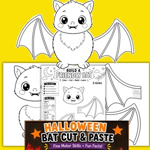May include: A black and white printable craft activity featuring a cartoon bat with large eyes and fangs. The sheet includes instructions titled Build A Friendly Bat, Color, Cut, Build, Learn, and Fun Facts, with separate wing and body components.