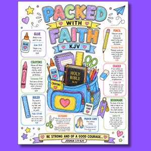 Peut inclure: Une affiche éducative colorée intitulée Packed With Faith KJV montrant un sac à dos bleu rempli de fournitures scolaires comme une Bible, de la colle et des crayons. Autour du sac, des encadrés contiennent du texte, des versets et des dessins.