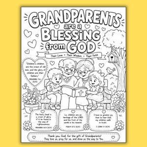 Peut inclure: Une page de coloriage en noir et blanc représentant un couple de grands-parents lisant un livre avec deux enfants sur un banc. Le texte indique : GRANDPARENTS are a BLESSING from GOD, Their Love, Their Wisdom, Their Faith et divers versets.