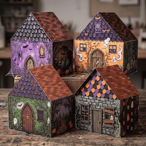 Può includere: Quattro casette decorative in cartone a tema Halloween. Le strutture presentano illustrazioni di fantasmi, zucche, ragnatele e pipistrelli. Ogni casa ha una combinazione di colori distinta che include viola, arancione, verde e grigio.