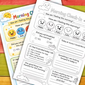 May include: Two morning check-in sheets with a cheerful design. One features a sun and cloud, the other has emojis and questions such as "Did you eat breakfast this morning?" and "How am I feeling this morning?"