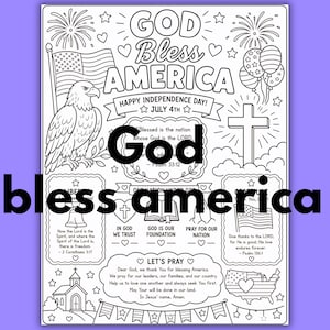 May include: Black and white coloring page with patriotic themes. Features an eagle, American flag, fireworks, cross, and text that reads "God Bless America" and "Happy Independence Day! July 4th."