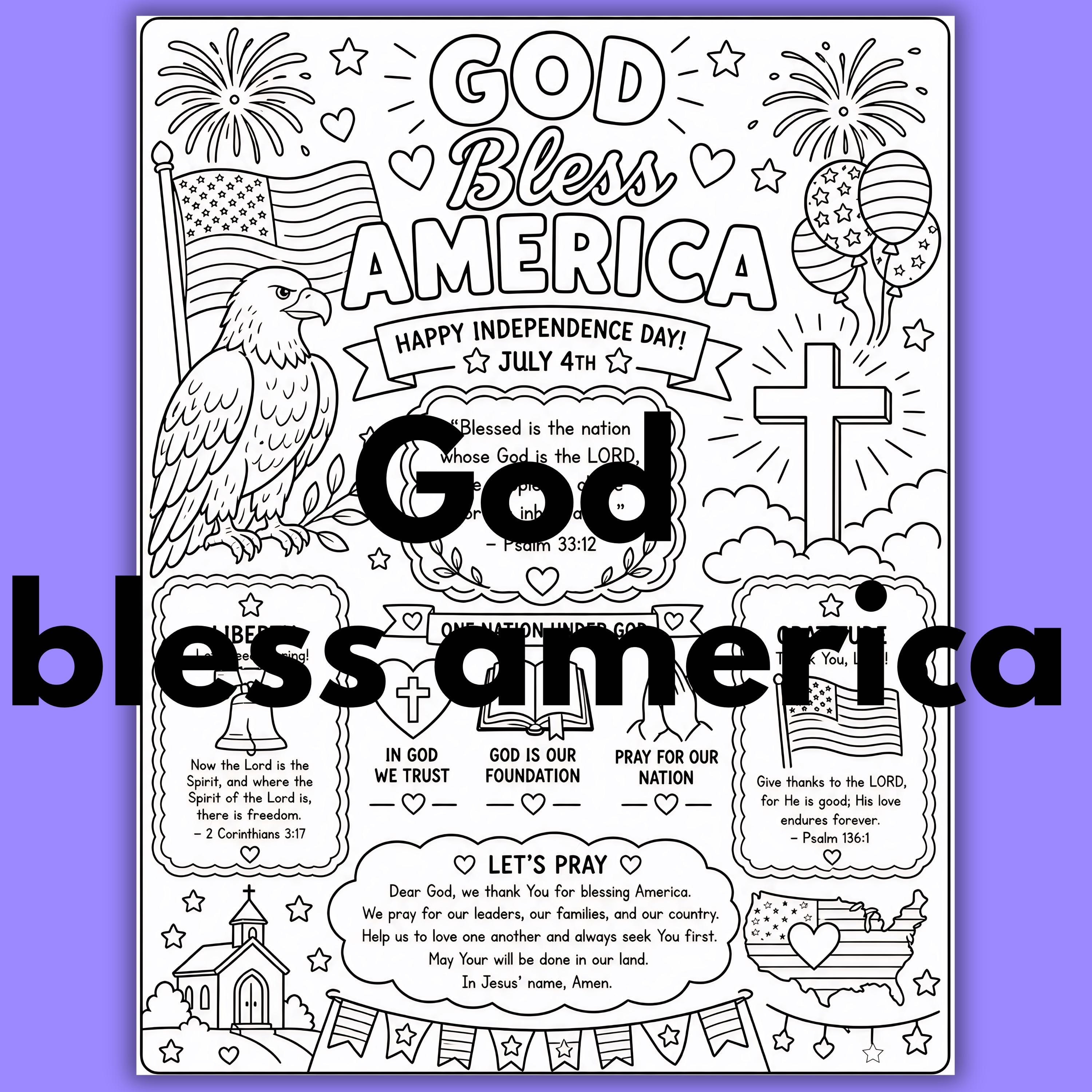 Christian 4th of July Coloring Page Printable, God Bless America ...