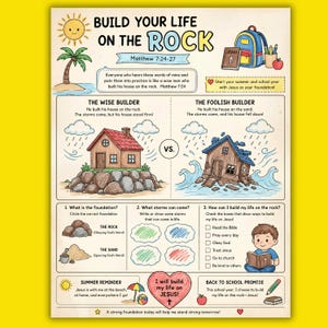 Actividad bíblica "La casa sobre la roca" para niños | Mateo 7:24-27 Hoja de trabajo sobre los constructores sabios e insensatos | Actividad para la Escuela Bíblica de Vacaciones | Material imprimible para la vuelta al cole