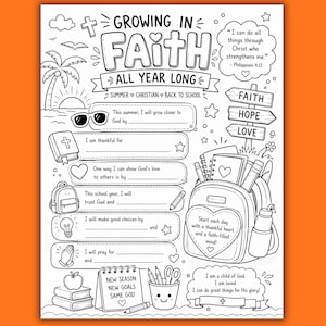 Peut inclure: Une page de coloriage imprimable en noir et blanc intitulée Growing in Faith All Year Long. Elle présente un sac à dos, des livres, un pot à crayons et divers espaces pour écrire, incluant Philippiens 4:13, des thèmes religieux et scolaires.
