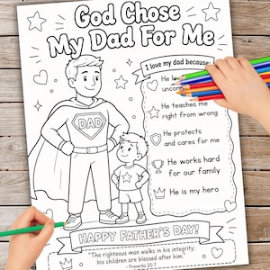 Peut inclure: Page à colorier en noir et blanc pour la fête des pères avec le texte "God Chose My Dad For Me" et "Happy Father's Day!". L'image représente un père et son fils super-héros, avec des zones de texte listant les raisons pour lesquelles un enfant aime son père. Une main tient des crayons de couleur.