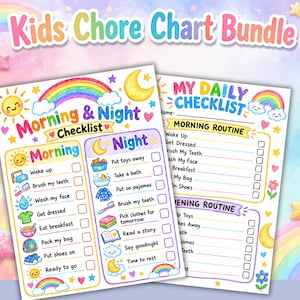 Peut inclure: Un ensemble de tableaux de corvées pour enfants avec deux listes de contrôle colorées illustrées d'arcs-en-ciel, de soleils et de lunes. Les tableaux incluent des routines du matin et du soir avec des cases à cocher et des textes.