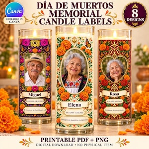 Peut inclure: Trois bougies commémoratives cylindriques en verre avec des bordures florales colorées ornées d'œillets d'Inde et de papillons. Chaque étiquette présente un portrait, un nom, des dates et des textes comme "Miguel", "Elena", "Rosa" et "Forever in Our Hearts".