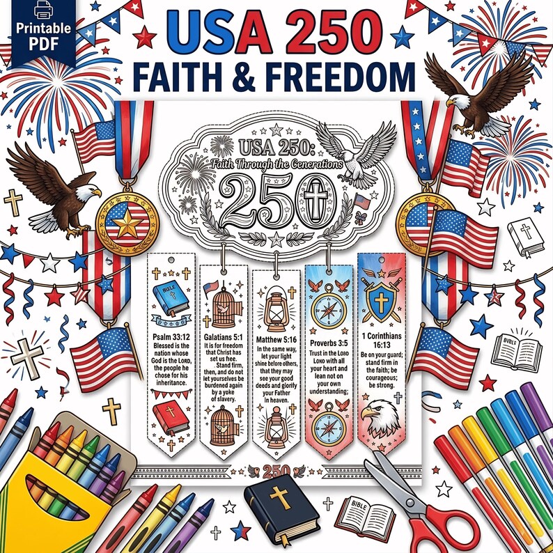 Freedom Bookmarks USA 250 Christian Coloring Page, Fourth of July Bible Activity ...