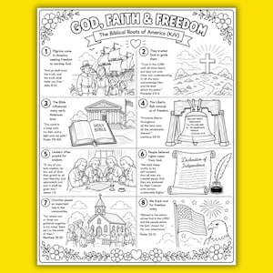 May include: A black and white educational coloring page titled GOD, FAITH & FREEDOM: The Biblical Roots of America (KJV). It features eight numbered sections with illustrations including a ship, a cross, a Bible, the Liberty Bell, a scroll, and an eagle.