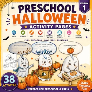 May include: A digital educational resource titled Preschool Halloween Activity Pages Version 1, featuring three cartoon ghosts, orange pumpkins, and icons for maths, science, art, health, reading, writing, social studies, and critical thinking.