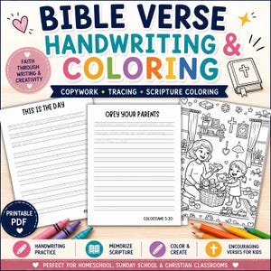 May include: A Bible verse handwriting and coloring activity set featuring printable pages with tracing lines, scripture text, and a black and white illustration of a parent and child playing with toys. Includes colorful crayons and icons.