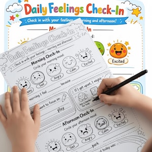 May include: A Daily Feelings Check-In chart with the text "Daily Feelings Check-In" and "Check in with your feelings morning and afternoon!" The chart includes sections for morning and afternoon mood check-ins, with options like "Happy," "Sad," and "Excited."