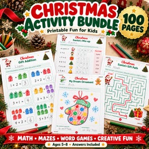 Peut inclure: Un ensemble d'activités de Noël comprenant 100 pages de feuilles imprimables pour enfants. Le lot inclut des exercices d'addition avec des cadeaux, des jeux de mots comme Santa's Mix-up et un labyrinthe intitulé Santa's Gift Path. Une page My Dream Ornament montre un dessin de moufle colorié.