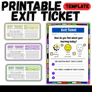 Puede incluir: Plantilla imprimible de boleto de salida con una pancarta roja que dice "TEMPLATE". La imagen incluye tres diseños de boletos de salida con espacio para nombres, calificaciones y fechas de los estudiantes. Los boletos tienen una escala para calificar la comprensión y espacio para explicar.