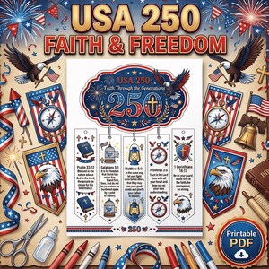 Peut inclure: Une feuille PDF imprimable présentant cinq marque-pages verticaux aux thèmes patriotiques, incluant des aigles à tête blanche, des drapeaux américains et des symboles religieux. Le texte inclut USA 250 Faith & Freedom, des versets bibliques et des illustrations.