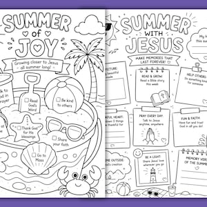 Könnte beinhalten: Zwei schwarz-weiße Ausmalbilder mit Sommerthemen. Die linke Seite zeigt einen Eimer mit Schaufel, Strandball, Sonnenbrille und Krabbe mit dem Text Summer of Joy. Die rechte Seite enthält verschiedene Aufforderungen und den Text Summer with Jesus.