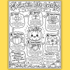 Könnte beinhalten: Eine schwarz-weiße pädagogische Malvorlage mit dem Titel Pumpkin Life Cycle. Sie zeigt sechs Stadien vom Samen bis zum reifen Kürbis mit beschreibendem Text, einem zentralen Cartoon-Kürbis und Fakten. Die Seite enthält einen Bibelvers.