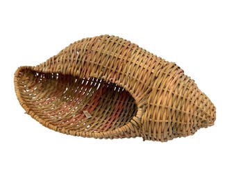 Vintage Woven Conch Shell Decorative Basket Tan Pink Coastal Boho Decor Wicker