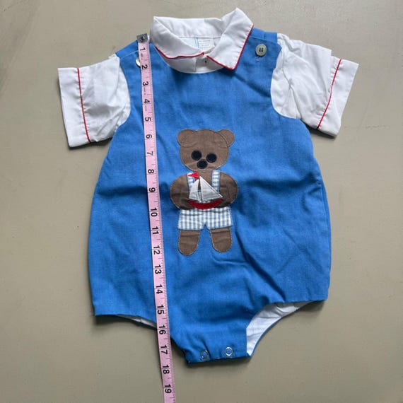 Vintage Romper Boys 3T Blue Teddy Bear Sailboat Nautical Heirloom Classic 80s View 4