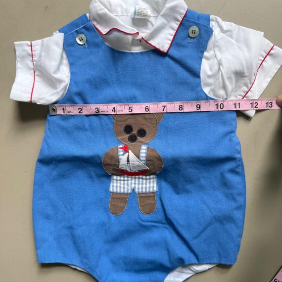Vintage Romper Boys 3T Blue Teddy Bear Sailboat Nautical Heirloom Classic 80s View 5