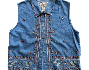 Embroidered Denim Vest Womens PS Blue Floral Boho VTG 90s Festival Cottagecore