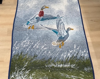 VTG Biederlack Mallard Duck Throw Blanket Blue USA Wildlife LodgeDucks Geese