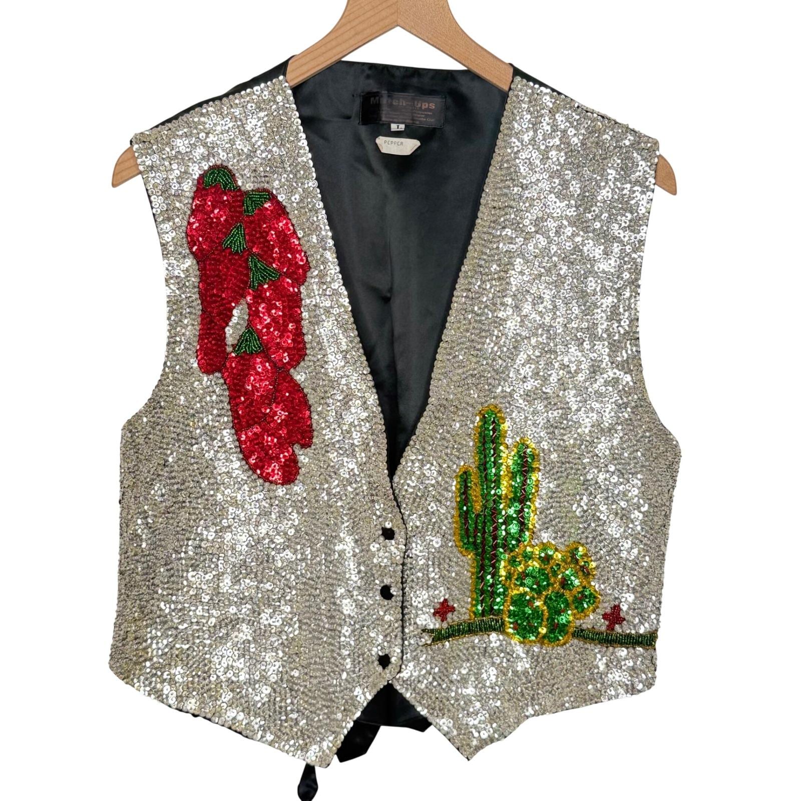 Vintage Southwestern Silver Sequin Vest Chili Pepper & Cactus Retro 90s large